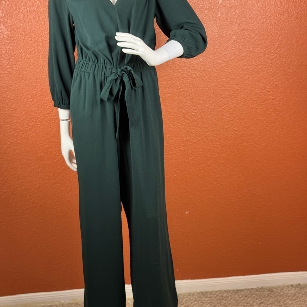 A New Day Women’s Solid Green 3/4 Sleeves Wide Legs Belted Jumpsuit Medium. A5